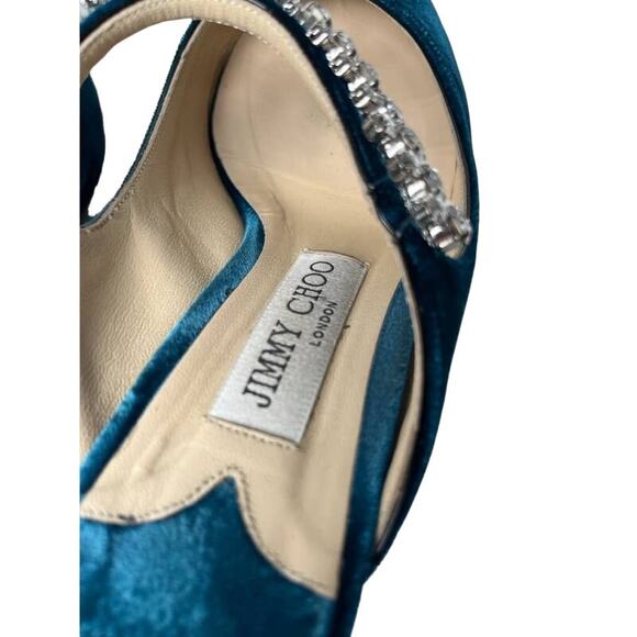 JIMMY CHOO Blue Velvet Crystal Strap Bling Pointed Toe Mules Heels 37.5 US 7.5 - Picture 6 of 8